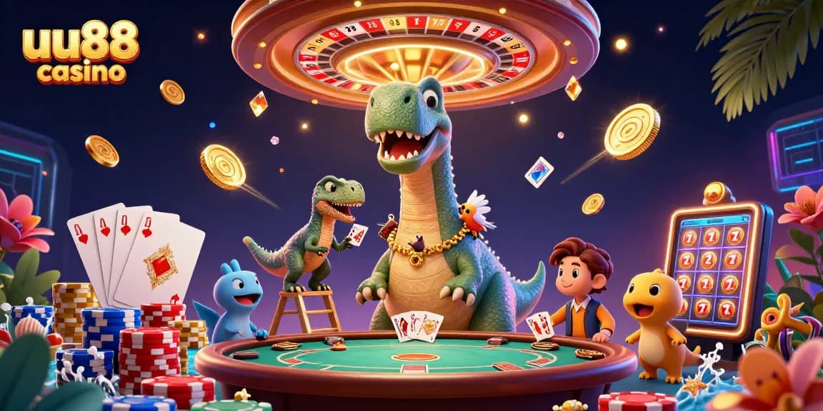 Experience fun at uu88 casino with a lively brontosaurus and clever raptor in a vibrant gaming scene.