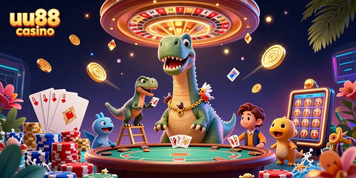 Experience fun at uu88 casino with a lively brontosaurus and clever raptor in a vibrant gaming scene.