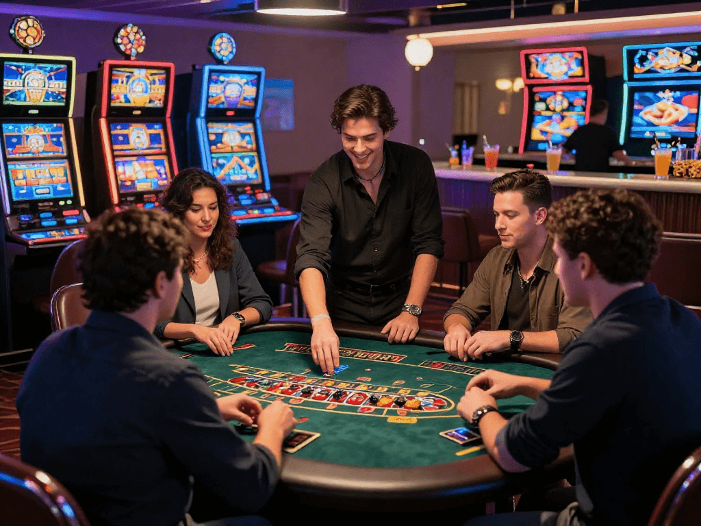 Ambiance de casino en ligne avec des joueurs profitant de jeux variés dans un environnement coloré et accueillant.