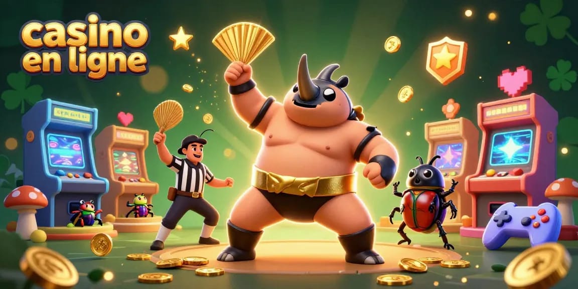 Gagnez au casino en ligne avec des pièces dorées volantes et un insecte rhinocéros sumo frappant avec force.