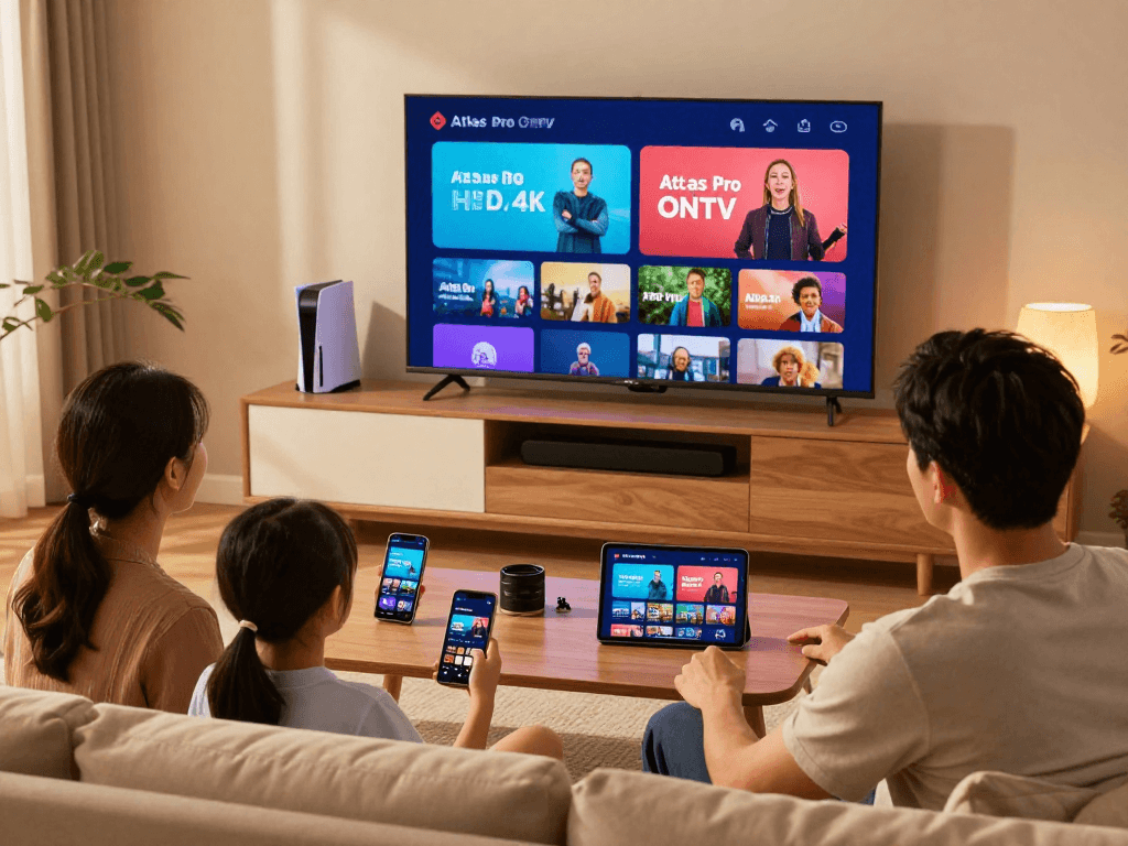 Profitez d'Atlas Pro ONTV avec une famille regardant en HD/4K dans un salon moderne.