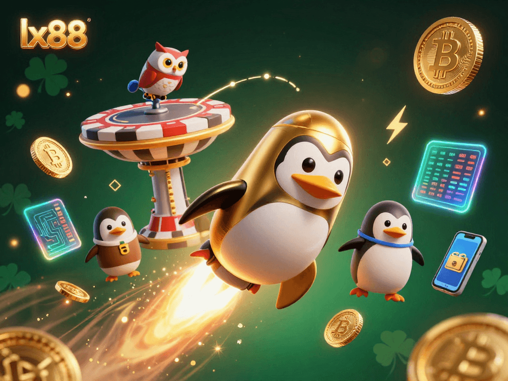 Join the excitement with lx88's golden penguin rocket blasting towards a casino-themed cosmic adventure.