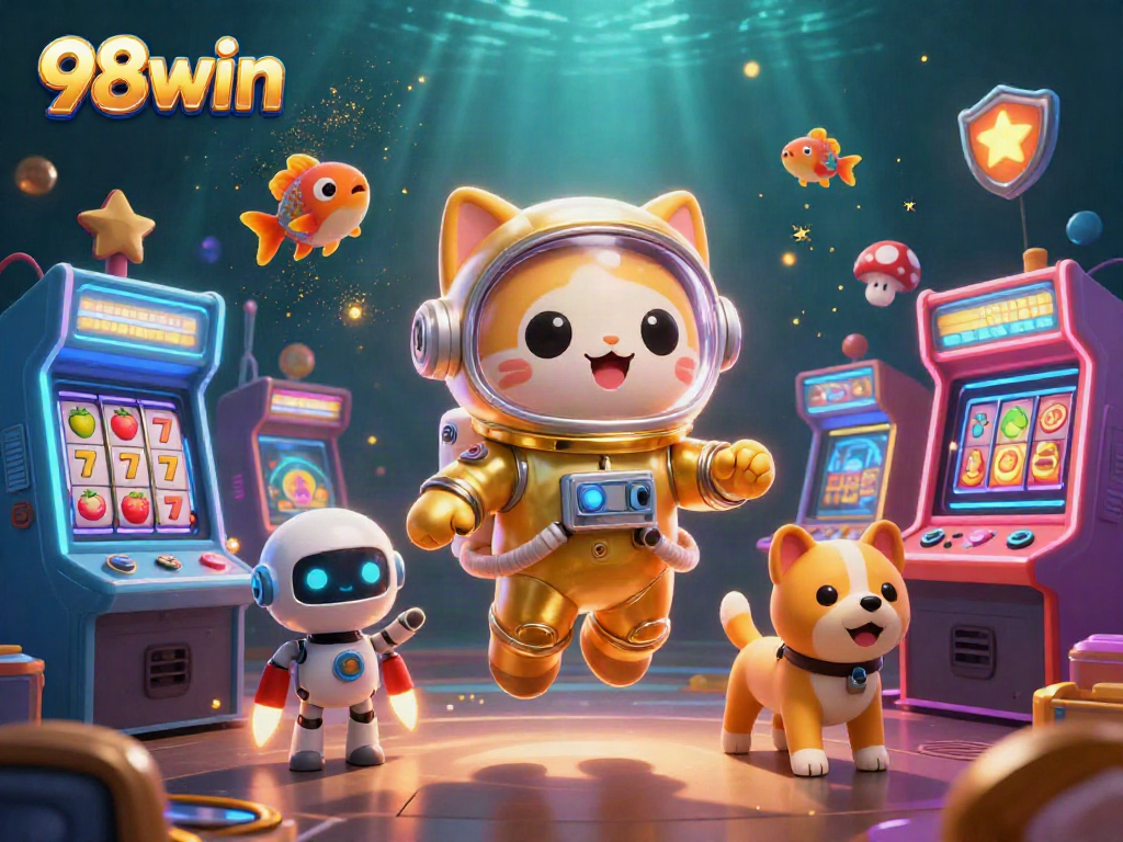 Engage in thrilling gameplay with the vibrant 98win-themed 3D scene featuring slots, gold dust, and dynamic characters.