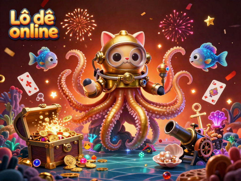 Experience thrilling Lô đề online action with a colossal kraken and diving cat in a vibrant underwater casino.