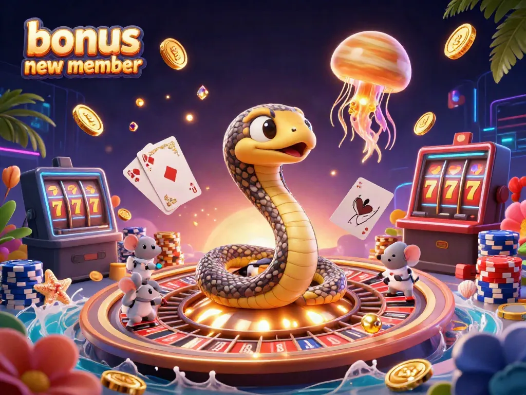 Engage with the vibrant theme of bonus new member offers as a Saturn ring snake roulette wheel entices players with exciting bets.