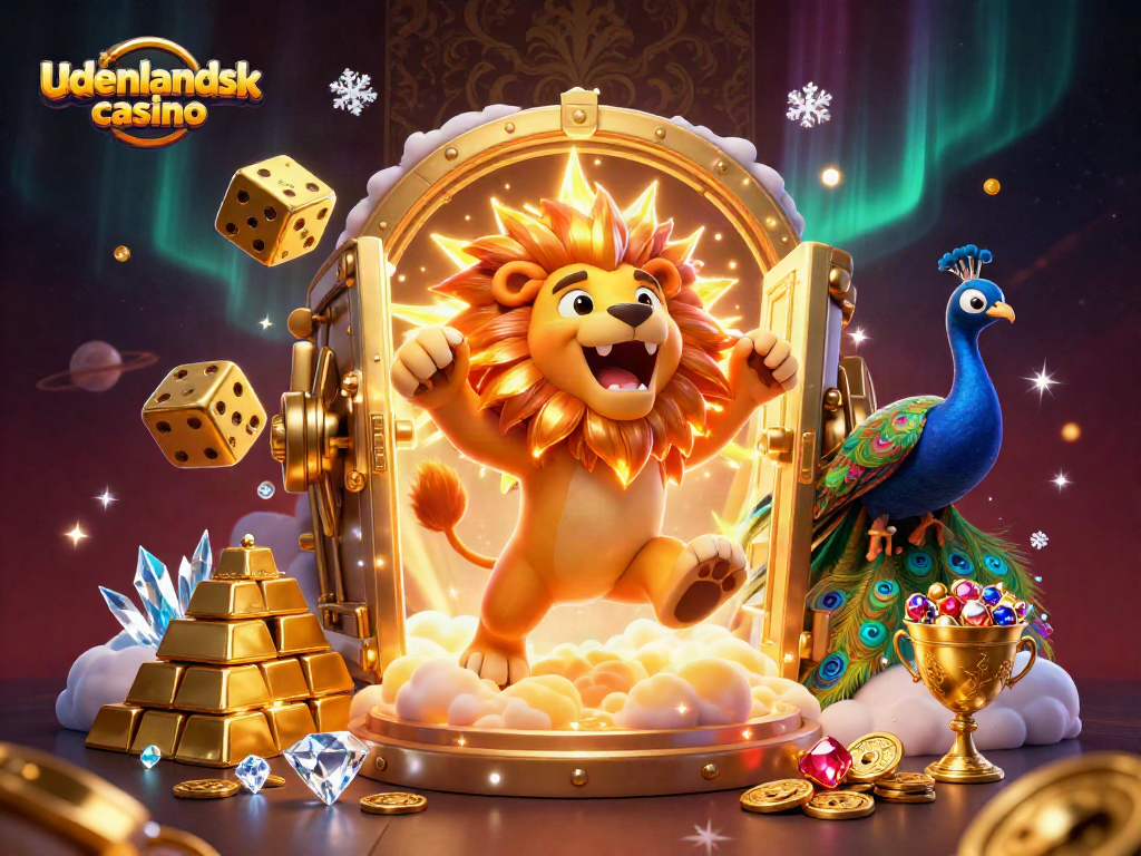 Engage in the excitement of udenlandsk casino with a vibrant 3D illustration featuring a roaring lion and sparkling gems.