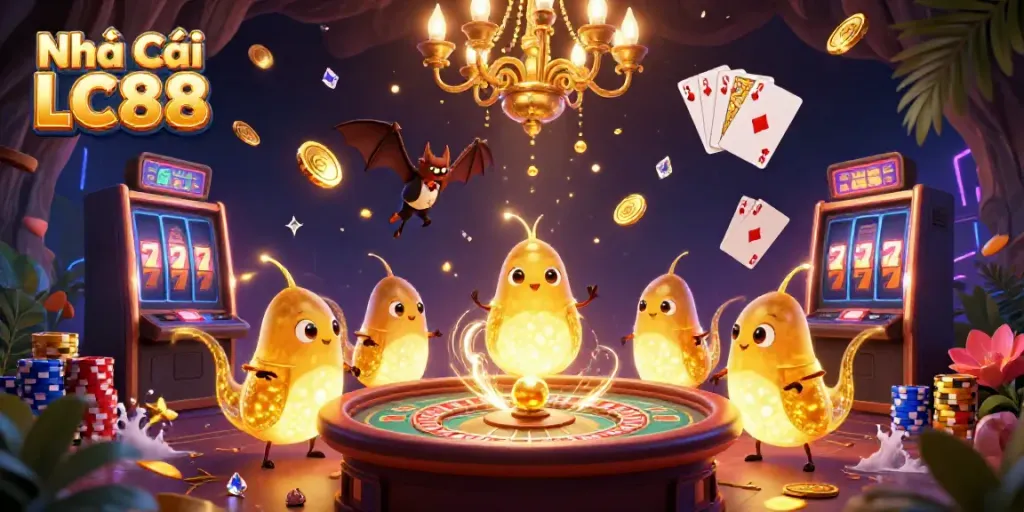 Experience the excitement at Nhà Cái LC88 with bioluminescent creatures lighting a vibrant casino scene.