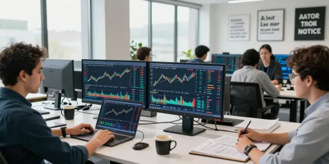 Scène de traders analysant les données sur Couponeau dans un bureau moderne.