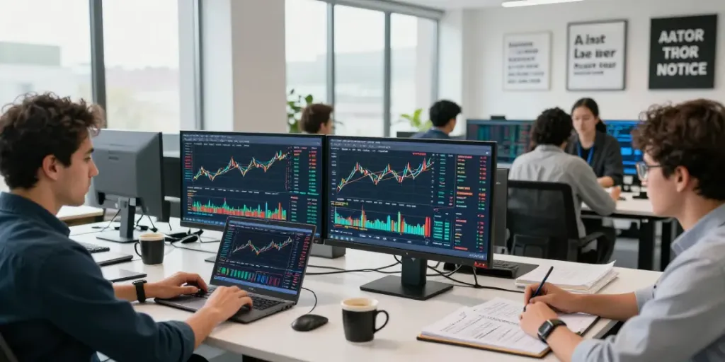 Scène de traders analysant les données sur Couponeau dans un bureau moderne.