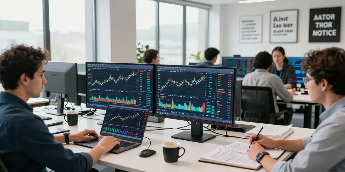 Scène de traders analysant les données sur Couponeau dans un bureau moderne.