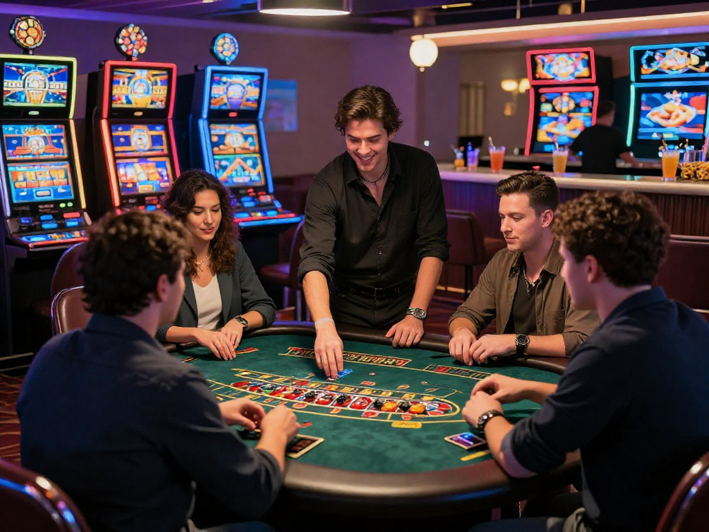 Ambiance de casino en ligne avec des joueurs profitant de jeux variés dans un environnement coloré et accueillant.