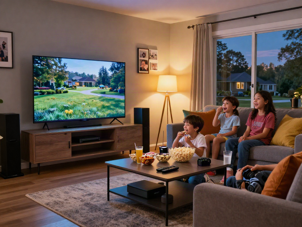 Family enjoying movie night around an Iron TV, cozy living room ambiance with snacks.