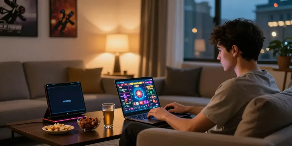Ambiance de jeu en ligne dans un casino sans dépôt avec un joueur à l'aise.