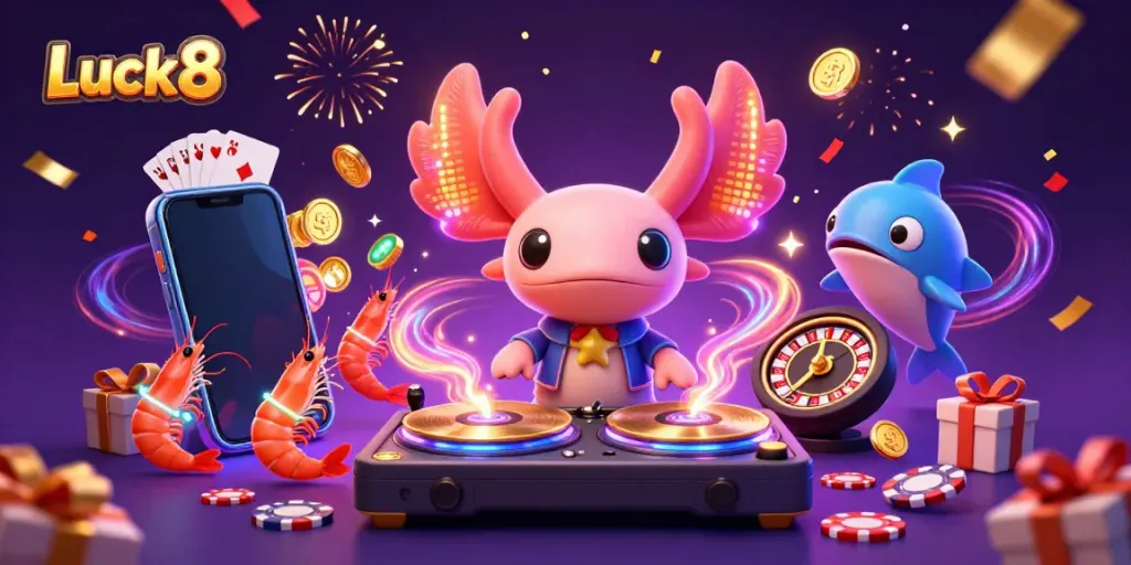 Celebrate at Luck8 with vibrant characters, golden slots, and an engaging casino atmosphere.