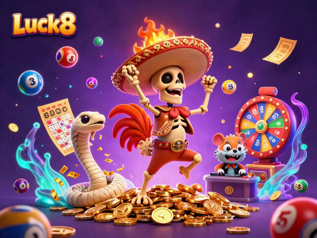 Luck8 showcases a lively casino scene with vibrant characters, golden elements, and dynamic lottery balls.