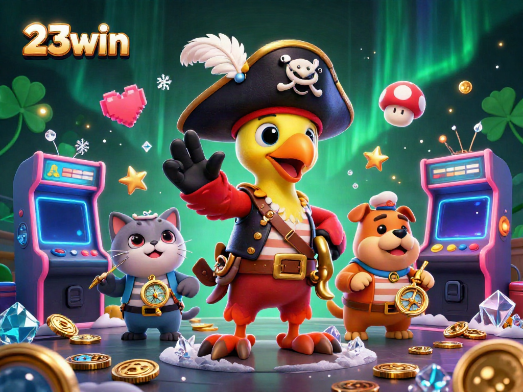 Experience the thrilling world of 23win with vibrant characters and gaming elements in an exciting casino-themed scene.