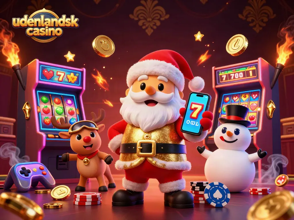 Engage in udenlandsk casino fun with Santa and friends enjoying slots, bright coins, and a festive atmosphere.