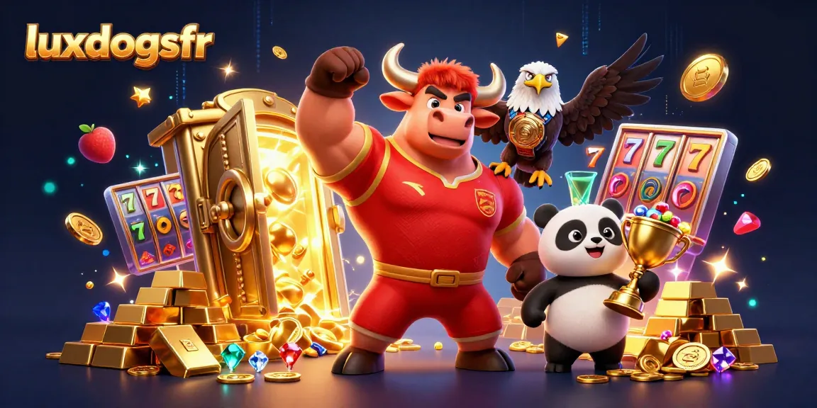 Experience vibrant joy at luxdogsfr as the cheerful panda holds a golden trophy amidst dynamic casino elements.
