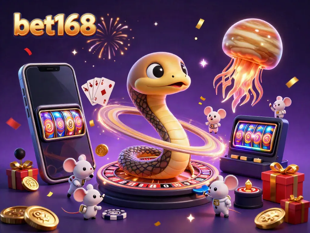 Bet168 gaming illustration showing a cartoon Saturn snake roulette and astronaut mice betting, enhanced with vivid casino elements.