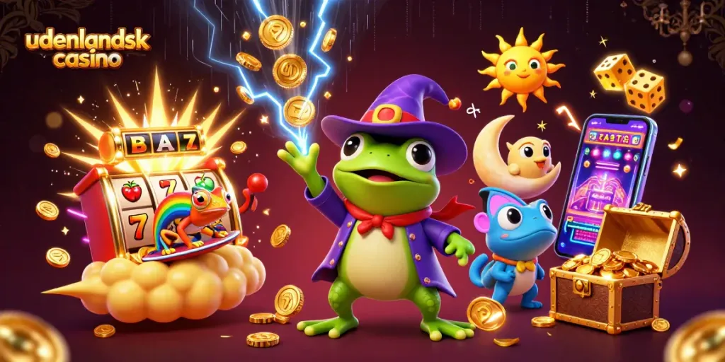 Experience the excitement of udenlandsk casino with a dynamic scene of gaming characters and elements.