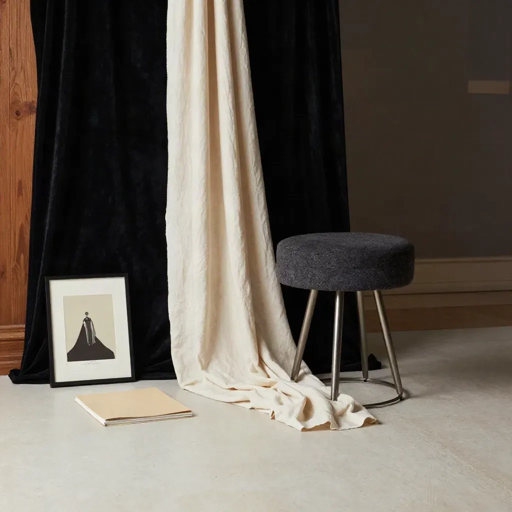 Studio de portrait privé avec tabouret noir, drapé en lin ivoire, folio scellé et tirage encadré.
