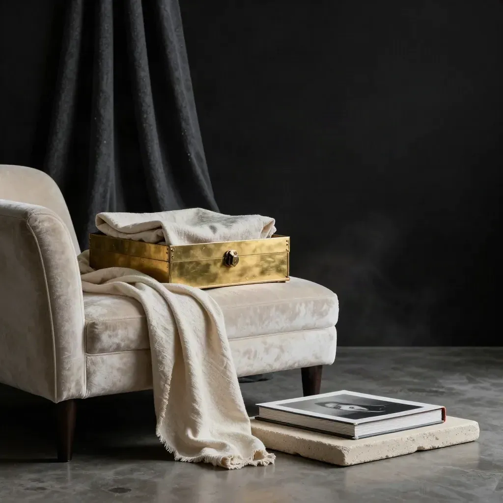 Chaise en velours ivoire, drapé charbon, coffret de tirages et album scellé dans une lumière feutrée.