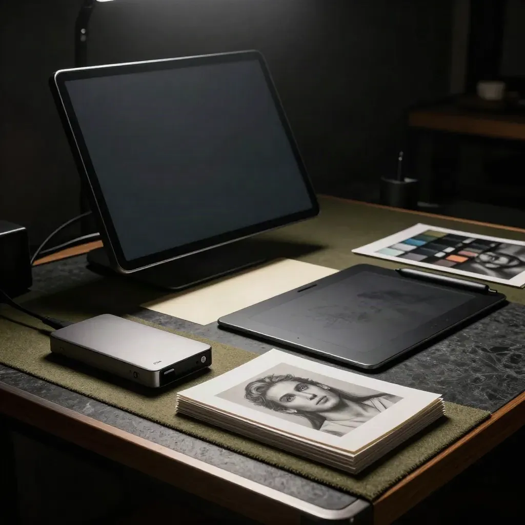Station de retouche élégante avec écran, tablette, disque et cartes d’épreuve sur fond sombre.