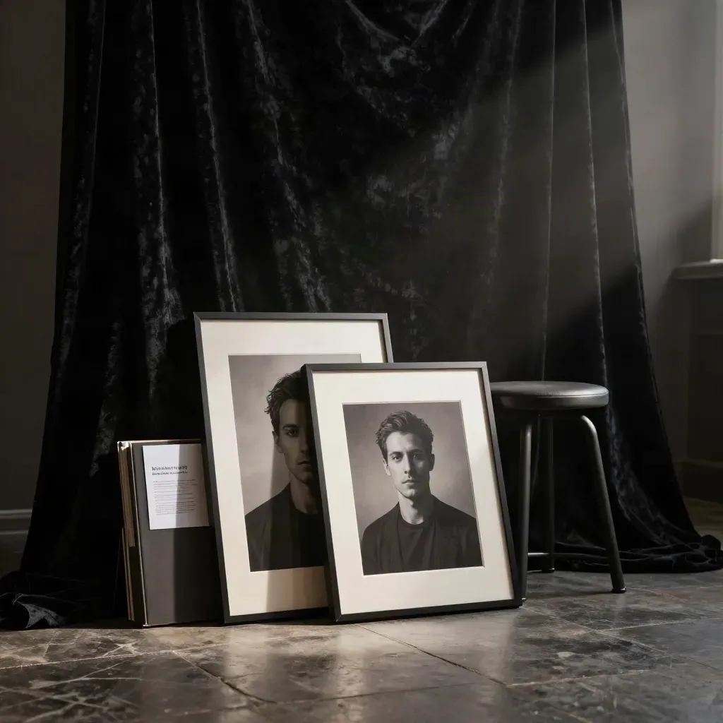 Fond noir en velours, tabouret, coffret fermé et tirages monochromes en studio.