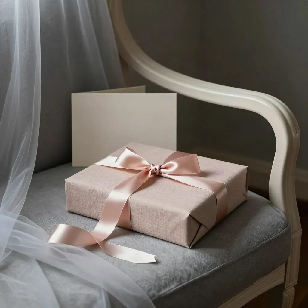 Album de boudoir fermé, boîte blush, ruban satin et chaise courbe sous un voile léger.