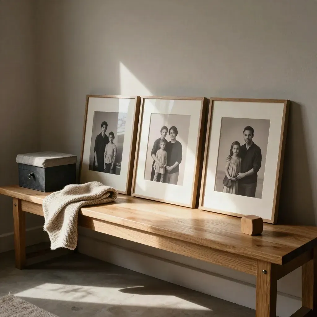 Trio de portraits familiaux, boîte d’archive, plaid tricoté et bloc en bois sur un banc.