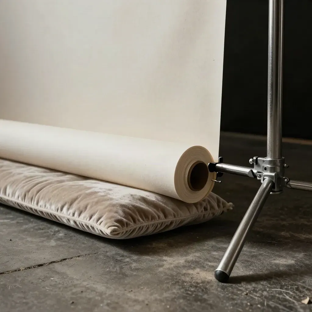 Gros plan des pinces de fond, bord d’un papier seamless, coussin velours et base de pied de studio.