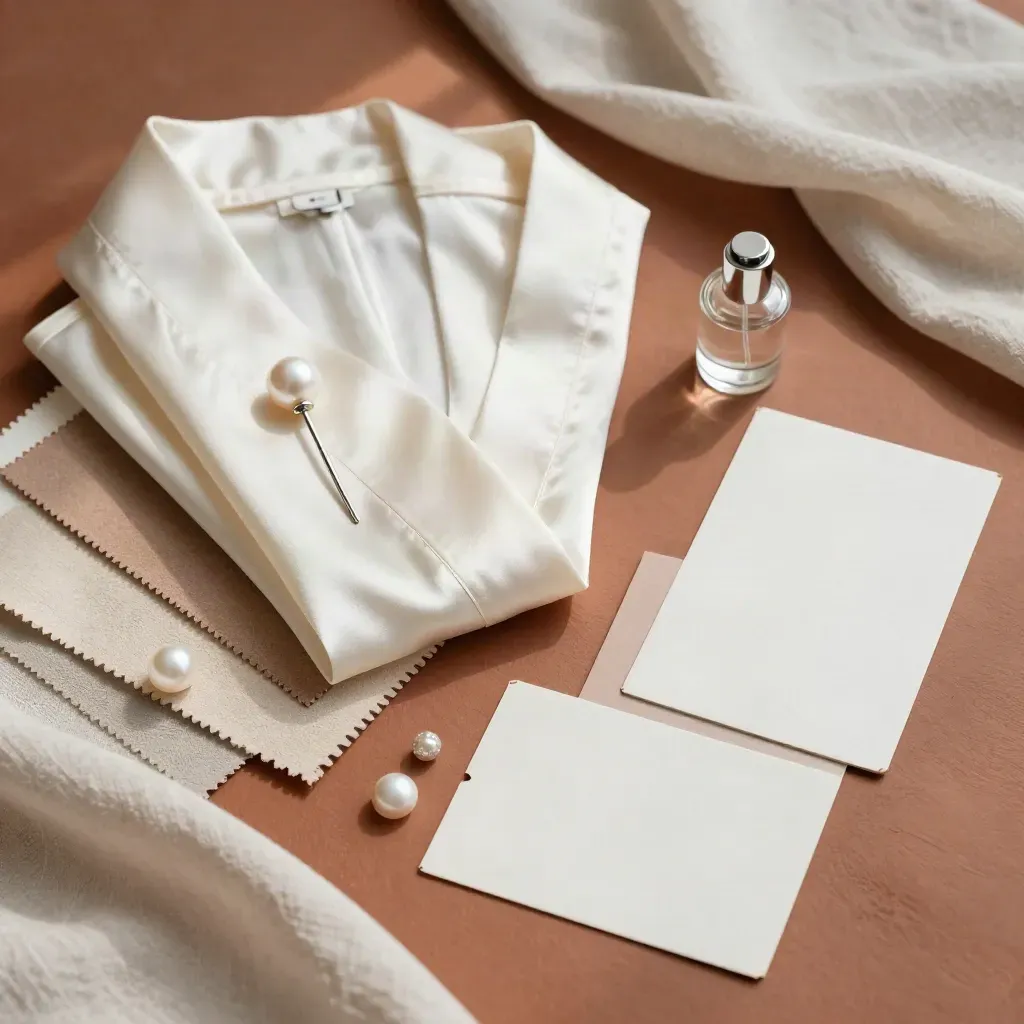Palette textile de consultation avec soie, perles, flacon et nuanciers sur terre cuite.