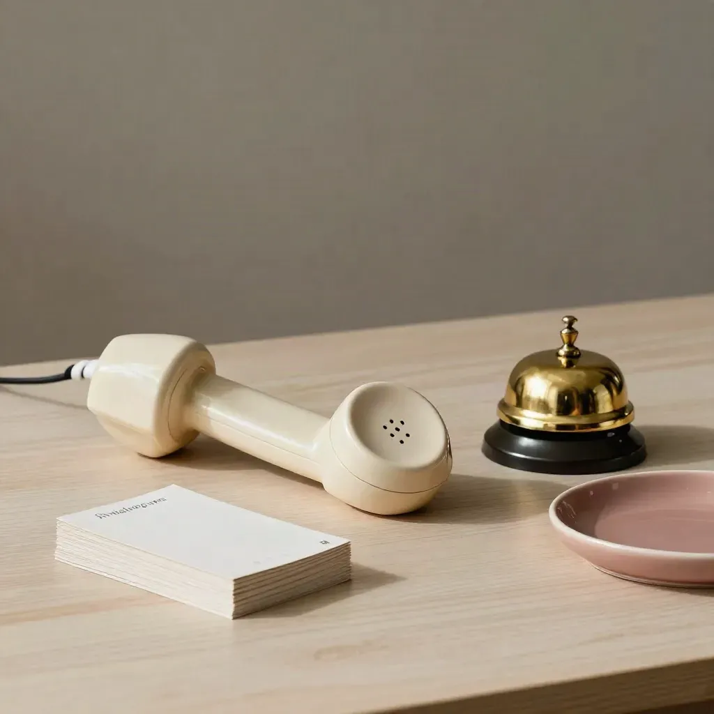 Combiné crème, cloche en laiton et cartes de rendez-vous sur bois pâle.