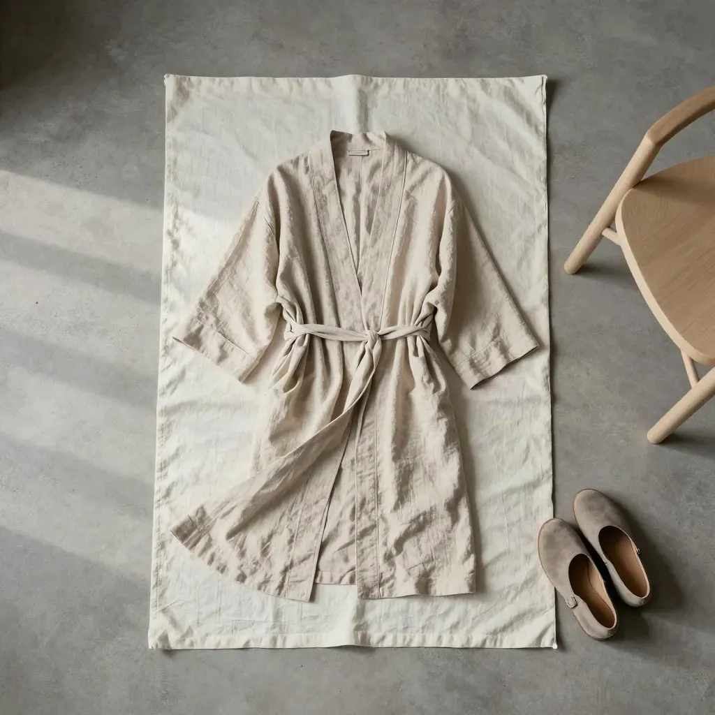 Flatlay de préparation studio avec robe en lin, chaussures neutres et tissu plié sur béton clair.