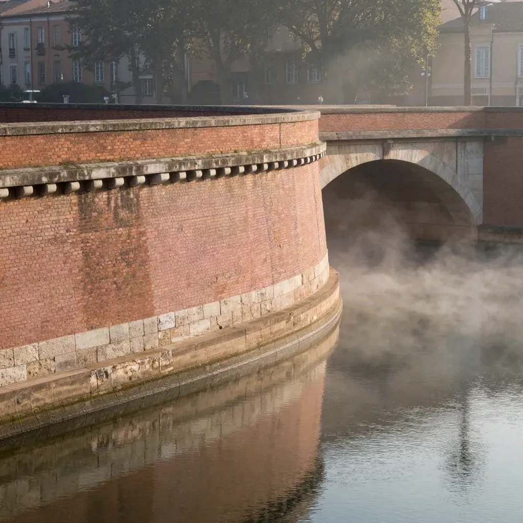Quais de Toulouse en brique rose sous la brume du matin, lumière douce et espace calme pour le titre.