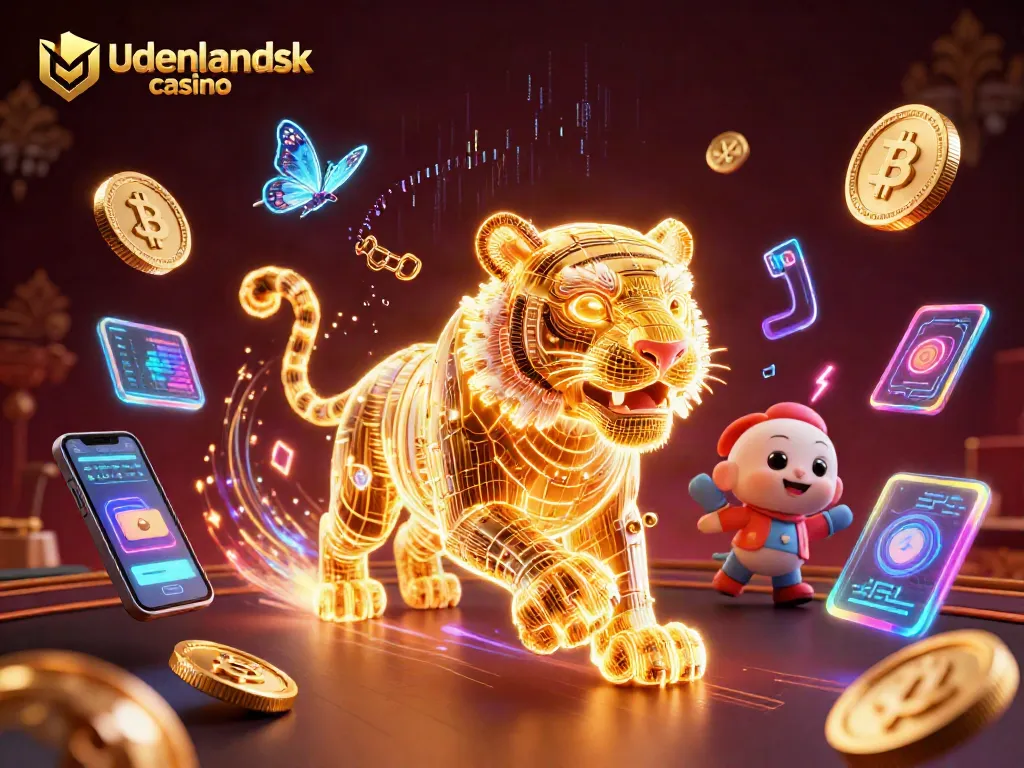 Experience the excitement of udenlandsk casino gameplay with vibrant 3D visuals of neon tiger and cryptocurrencies.