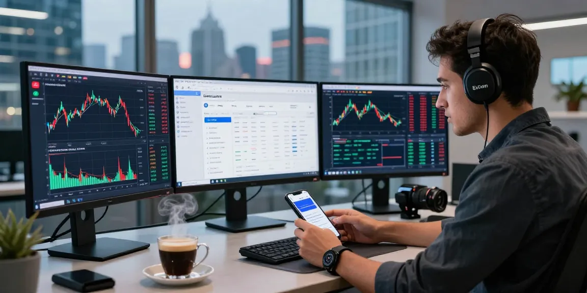 Professional trader analyzing cryptocurrency markets with Rente Lucavie on multiple screens in a modern workspace.