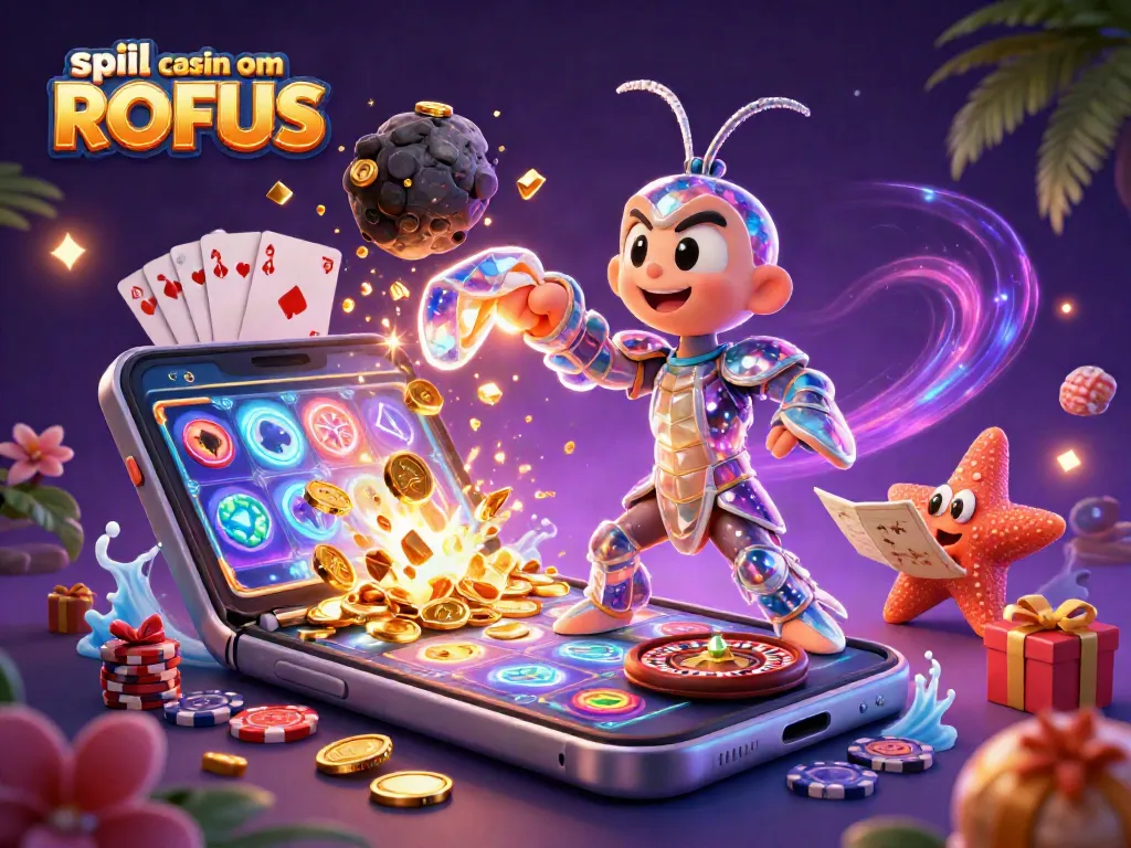 Engage with spil casino uden om ROFUS in this vibrant 3D artwork, featuring energetic gaming elements.
