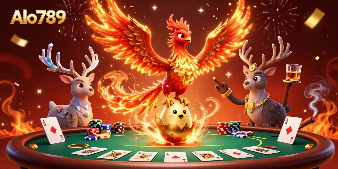 Experience thrilling gameplay at Alo789 with a dynamic 3D scene featuring mythical characters and poker elements.