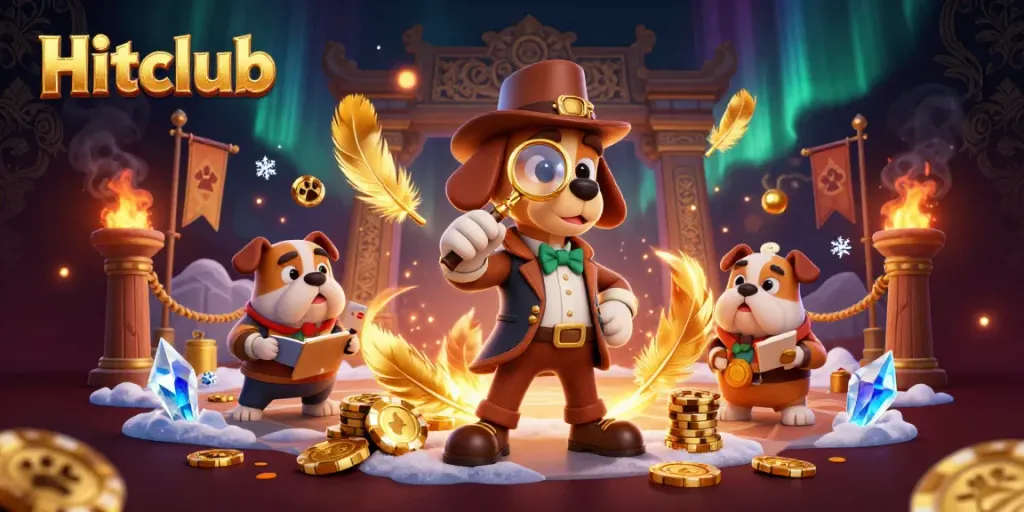 Engage with Hitclub, a vibrant casino scene featuring a detective bloodhound examining a golden poker chip.