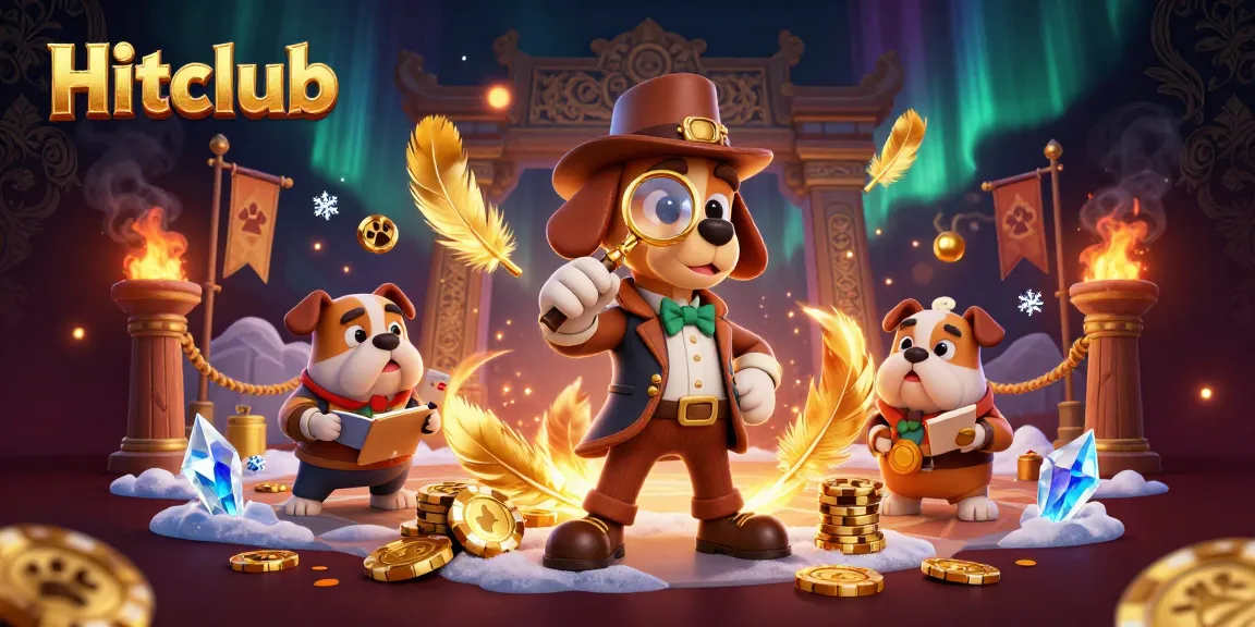 Engage with Hitclub, a vibrant casino scene featuring a detective bloodhound examining a golden poker chip.