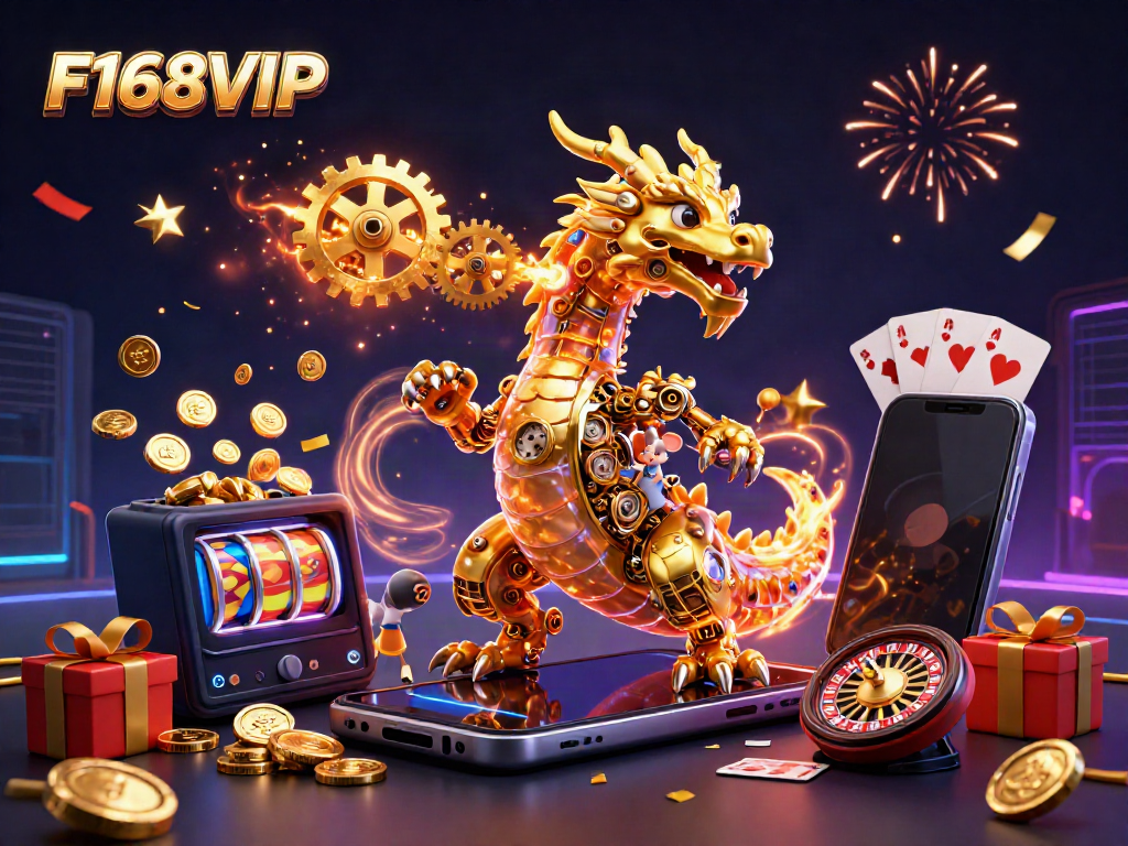 Experience thrilling wins at F168VIP with a vibrant, engaging casino scene featuring a golden dragon and dynamic gaming elements.