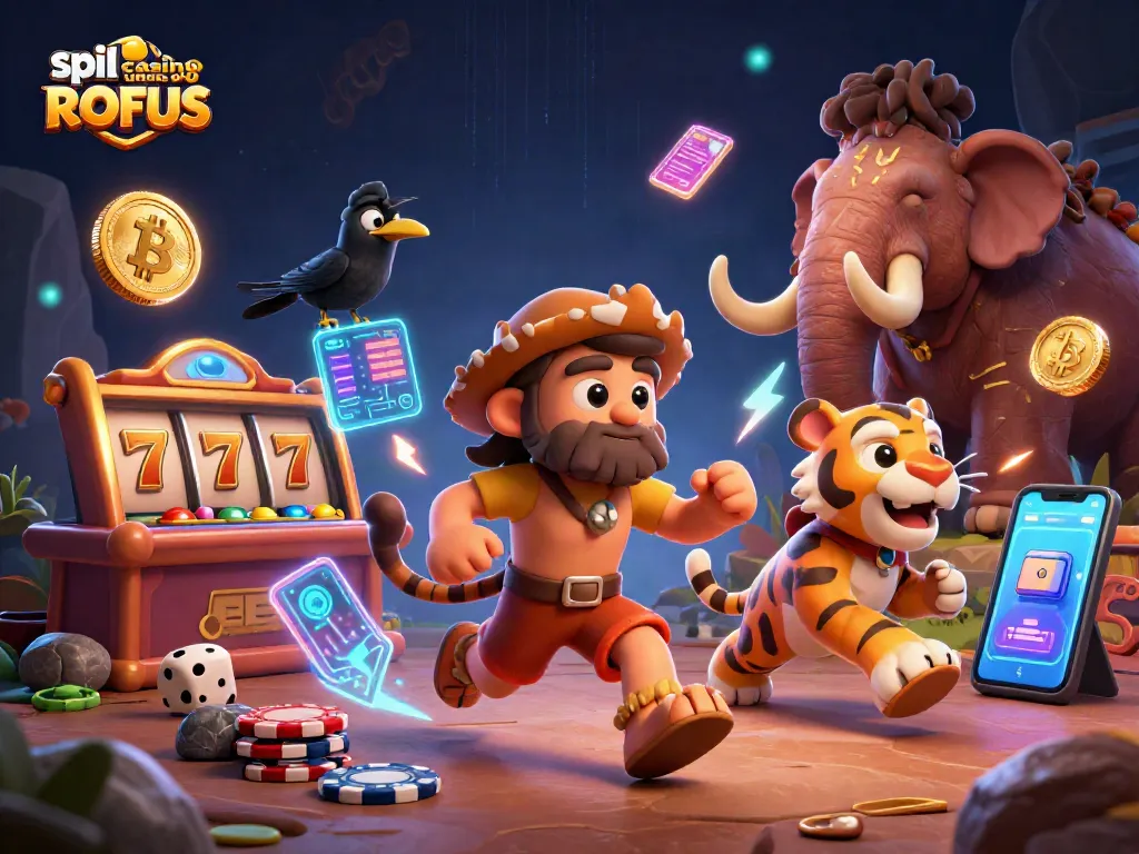 Engage in spil casino uden om ROFUS with vibrant characters and elements surrounding a prehistoric casino.
