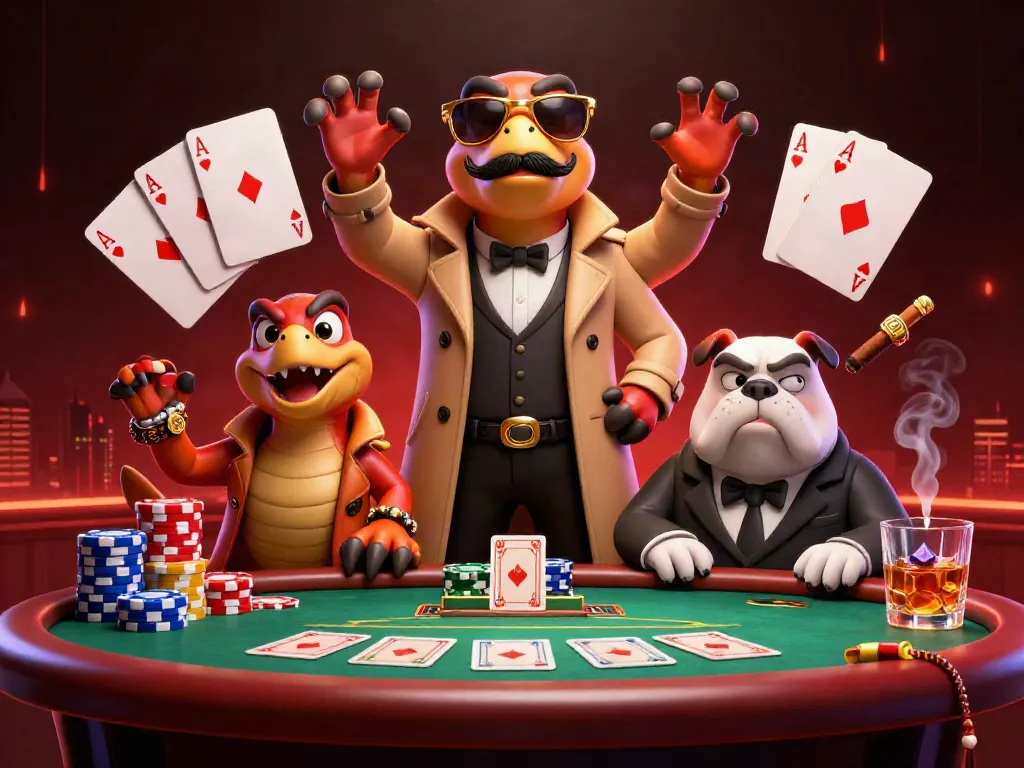 Experience LUCK8 excitement with raptors and a bulldog in a playful casino scene.