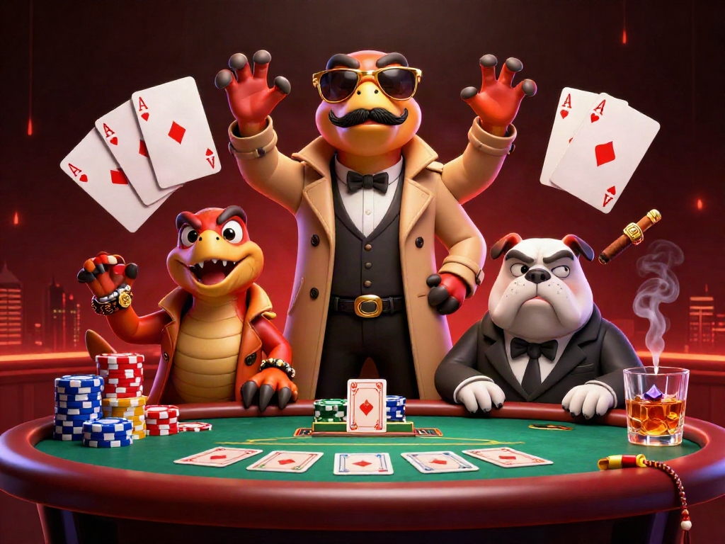 Experience LUCK8 excitement with raptors and a bulldog in a playful casino scene.