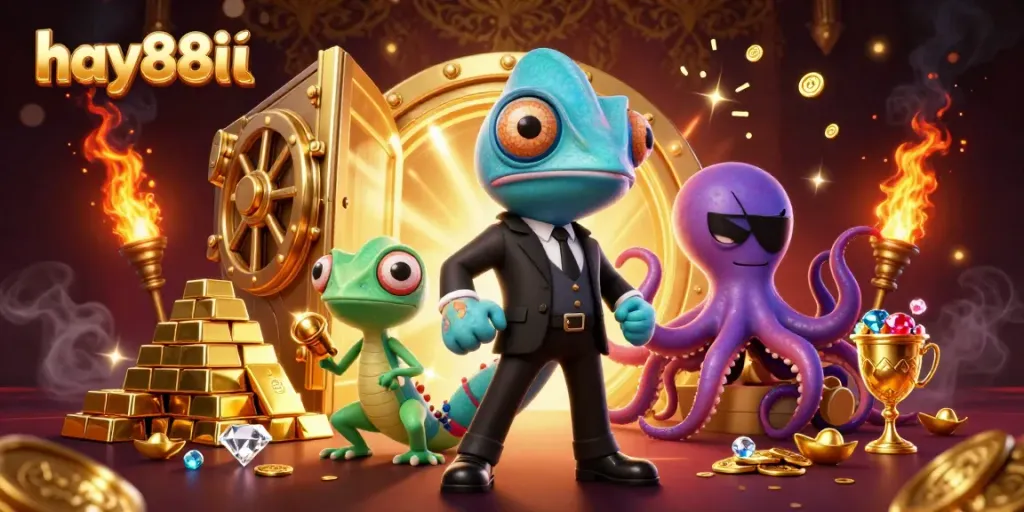 Experience thrilling gameplay at hay88iu with a vibrant scene of chameleon agents and treasure.