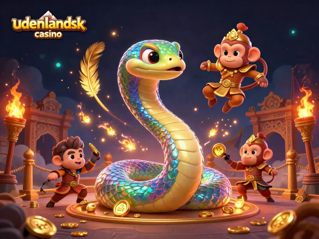 Experience the thrill of udenlandsk casino with a vibrant, dynamic 3D illustration of mythical creatures and game elements.