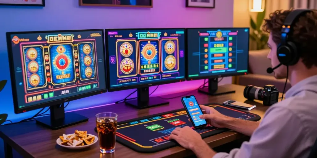 Joueur de casino en ligne sans dépôt engagé avec jeux colorés dans un environnement moderne.