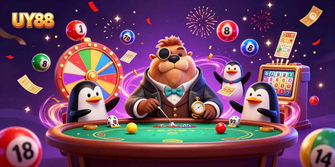 Experience vibrant gameplay at UY88 with a cartoon walrus playing poker, surrounded by lottery elements.