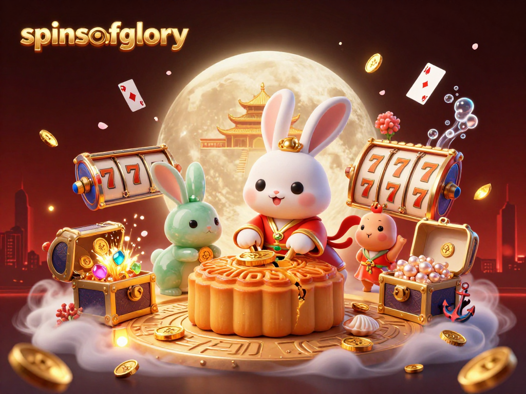 Experience spinsofglory with a vibrant illustration showing a moon rabbit surrounded by slots and poker elements.